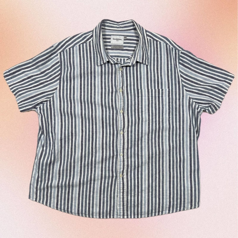 Goodfellow  XXL Striped Linen Button Up Beach Shirt Blue and White